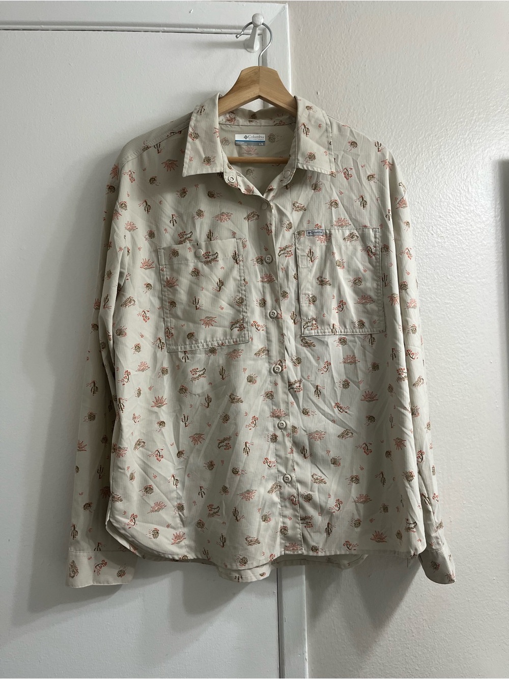 Columbia Cream Button-Down Shirt with Rust Desert Motif